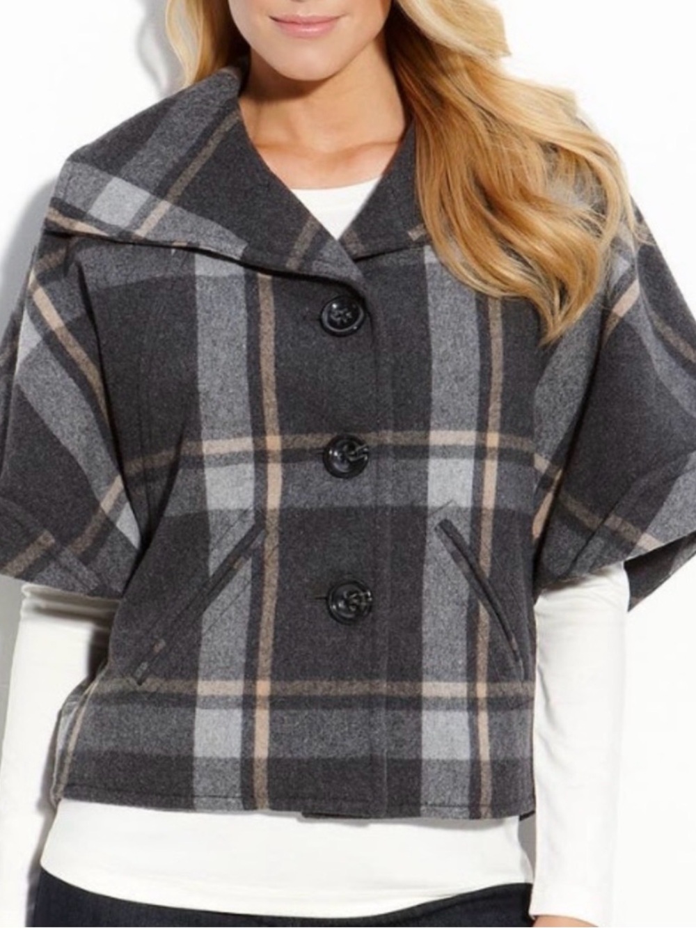 NWT Anthracite by Muse Charcoal Plaid Wool-Blend Cropped Capelet Jacket